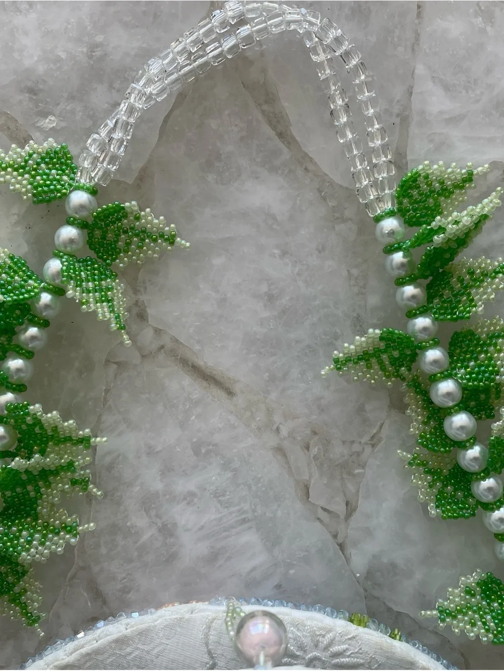 Handcrafted White & Green Floral Beaded Evening Clutch